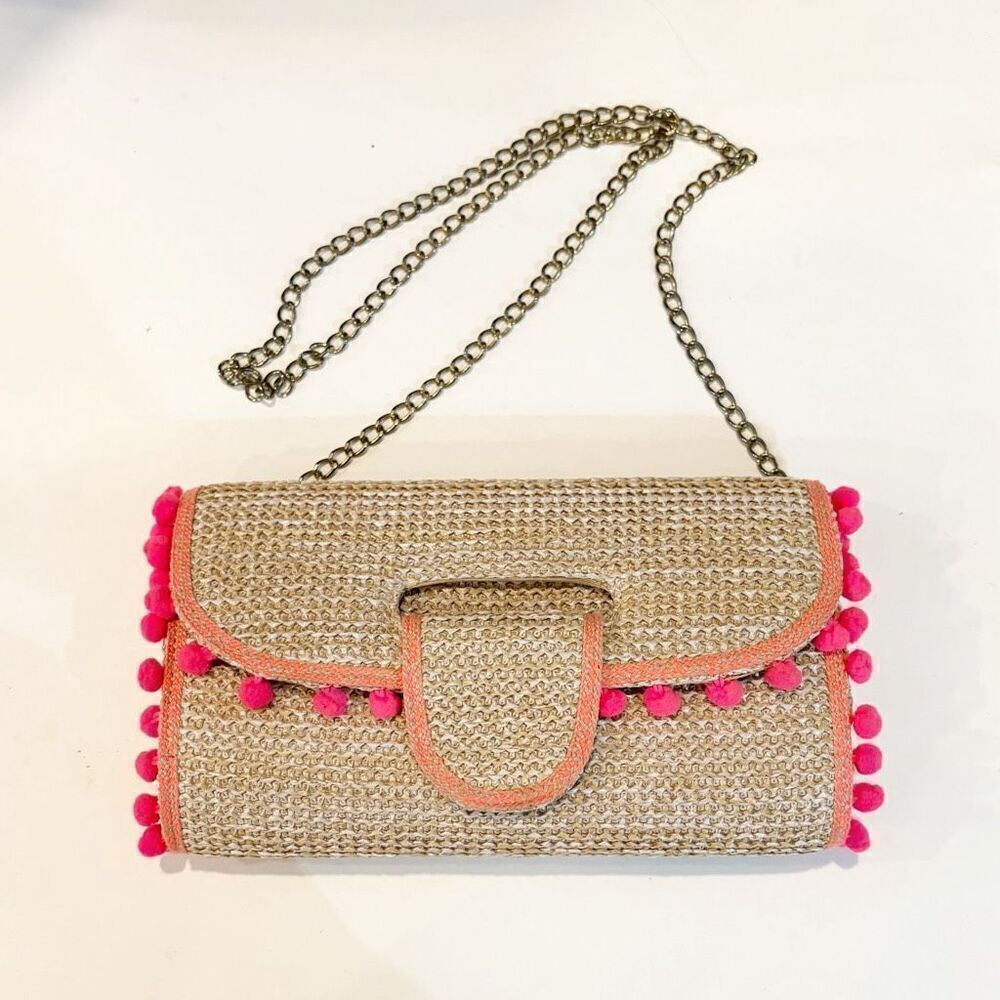 Sondra Roberts Raffia Wicker Handbag Pom Pom